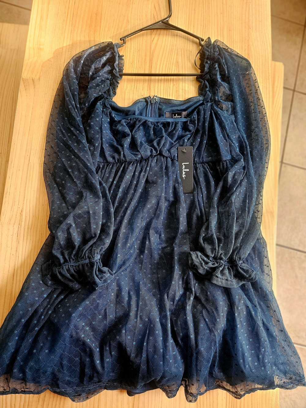 Lulu's Dark Teal Swiss Dot Long Sleeve Mini with Ruffle Neck